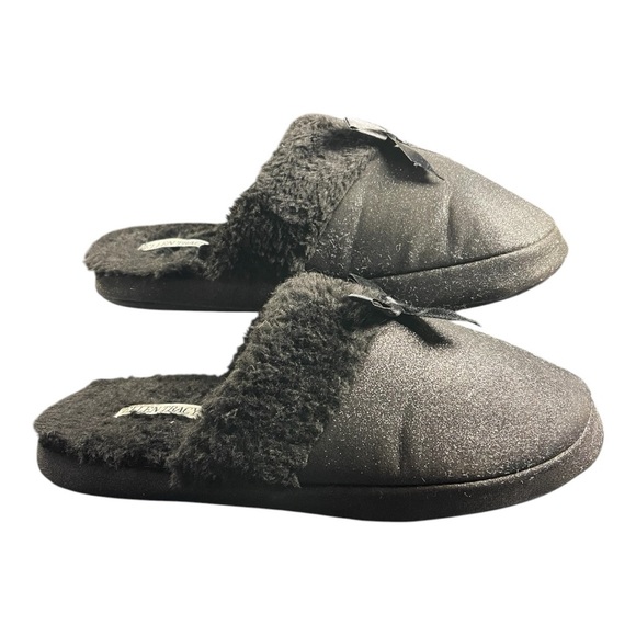 Black Fuzzy Slippers with Bows – Size XL (11) - Picture 2 of 6